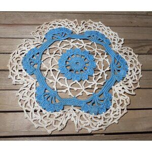 Vintage Estate 8" Round Doily Hand Crochet Table Blue and White Flower